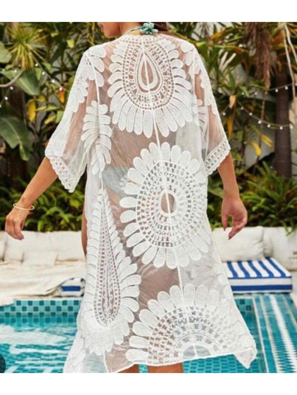 Rebellion Again White Lace Sheer Floral Swim Cover Up Lightweight Size S